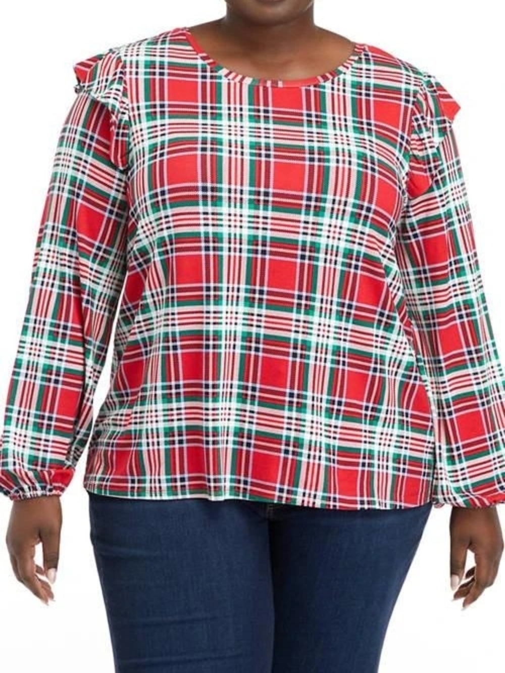 Crown & Ivy Red And Green Plaid Ruffle Long Sleeve Top Size Large